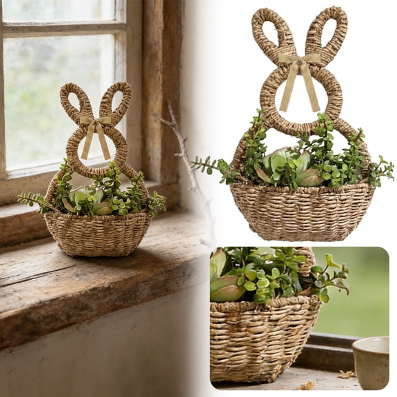 ERTZAE Natural Rope Woven Craft,Durable Natural Rope Woven Basket,Easter Bunny Design Planter,Festive Holiday Decoration,Beige Rope Woven Bunny Flower Basket 16x8Inch,Easter Planter & Storage Decor