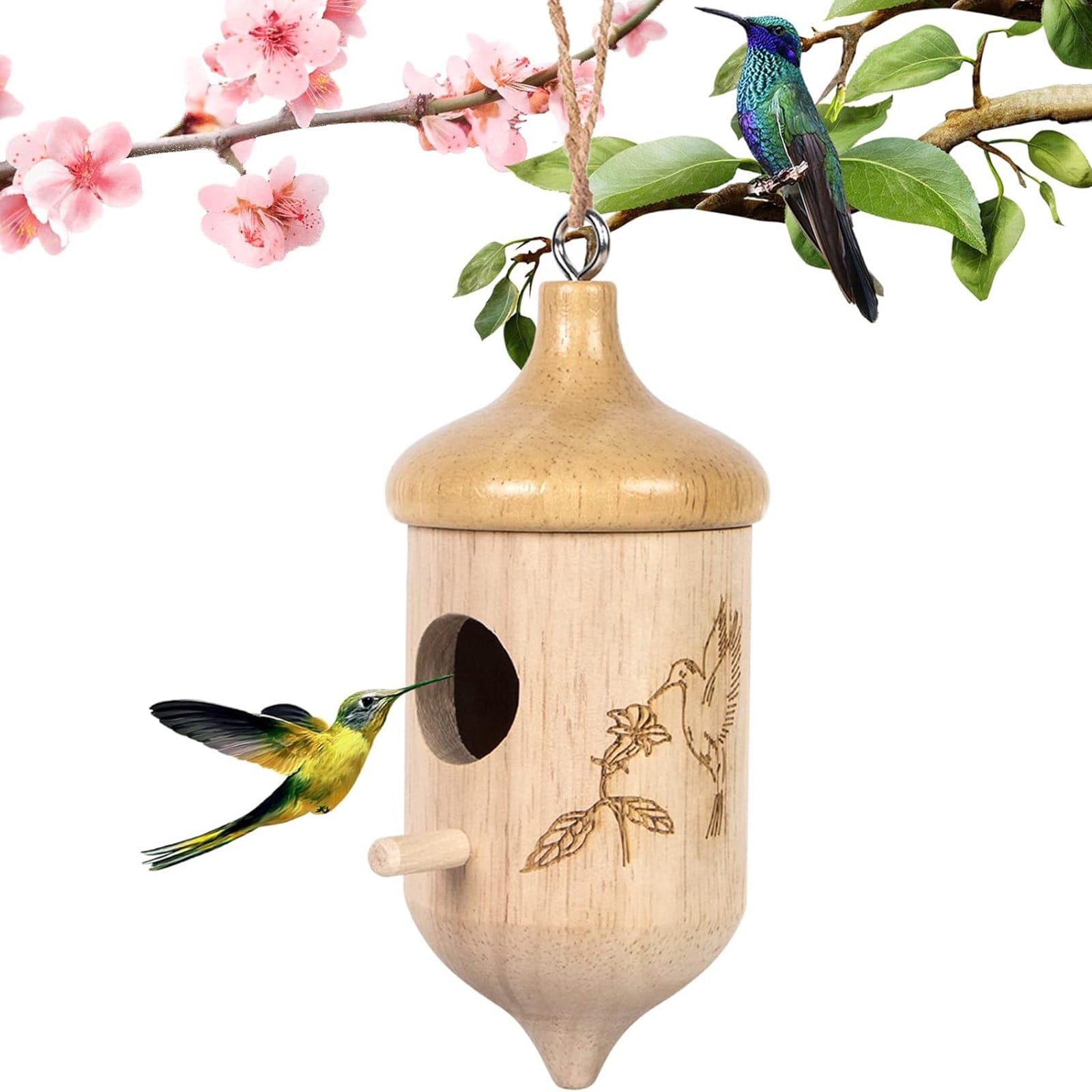 ERTZAE Natural Wood Acorn-Shaped Bird House,Natural Wood Hummingbird ...