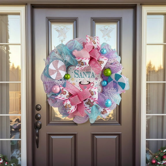 ERTZAE Pastel Christmas Wreath,Candy Cane Festive Swag,Sweet-Themed Holiday Decor,Lollipop Accent Wreath,Pastel Xmas Door Decor,Candy-Style Festive Wreath,Indoor Outdoor Holiday Sweet Wreath