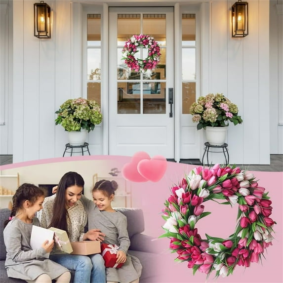 ERTZAE Pink Artificial Tulip Wreath – Spring Door Wreath,Front Door Decor,Mother'S Day/Valentine'S Wreath,Wedding Festive Decoration,Indoor/Outdoor Floral Wreath,Durable Shed-Free Wreath