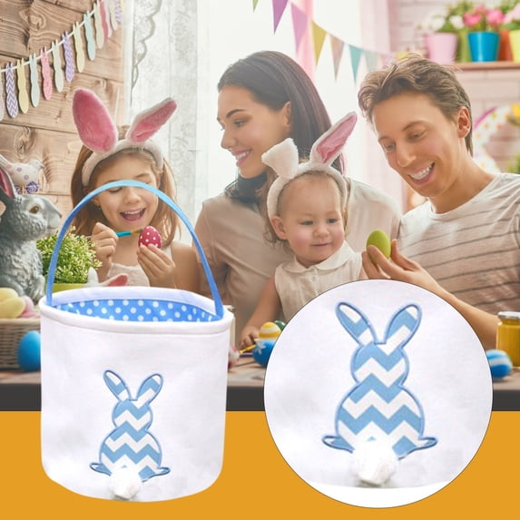 ERTZAE Rabbit Pattern Egg Basket,Blue Easter Bunny Canvas Basket Kids Candy Egg Gift Basket,Easter Bunny Basket Bags,Stripe Rabbit Egg Hunt Bags,Canvas Cotton Candy Bucket,Small Baskets With Handles