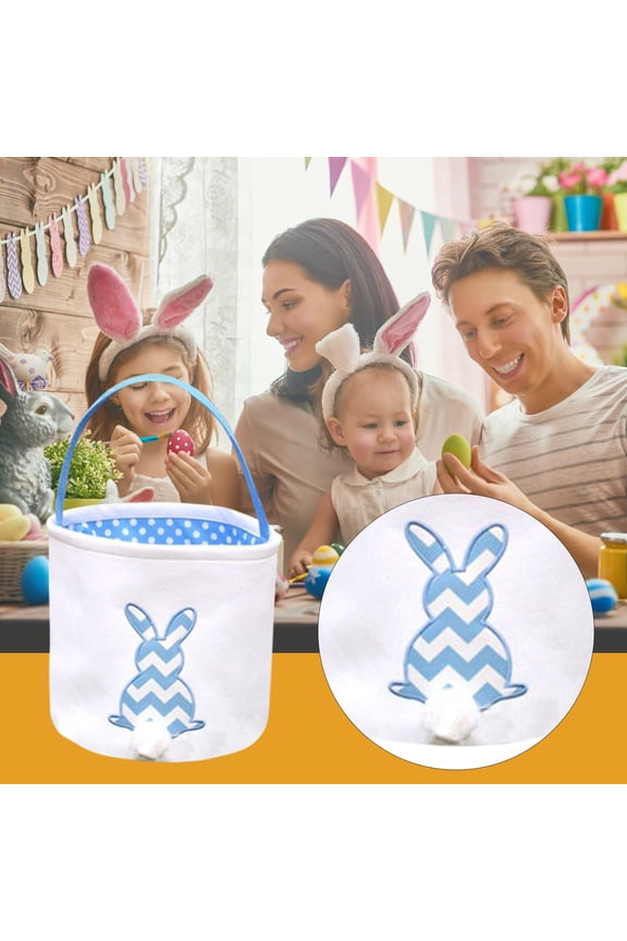 Rabbit Pattern Egg Basket,Blue Easter Bunny Canvas Basket Kids Candy Egg Gift Basket,Easter Bunny Basket Bags,Stripe Rabbit Egg Hunt Bags,Canvas Cotton Candy Bucket,Small Baskets With Handles