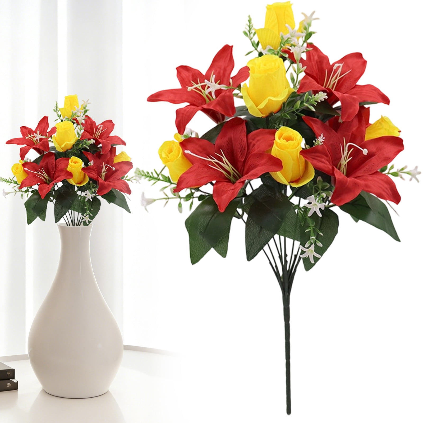 ERTZAE Real Touch Lilies,Wedding Arch Floral Decor,Vintage Style Lily Set,Thanksgiving Floral Set,Red 10-Head Artificial Perfume Lily & Rose Bouquet 18Inch,Realistic Flower Stem for Wedding Decor