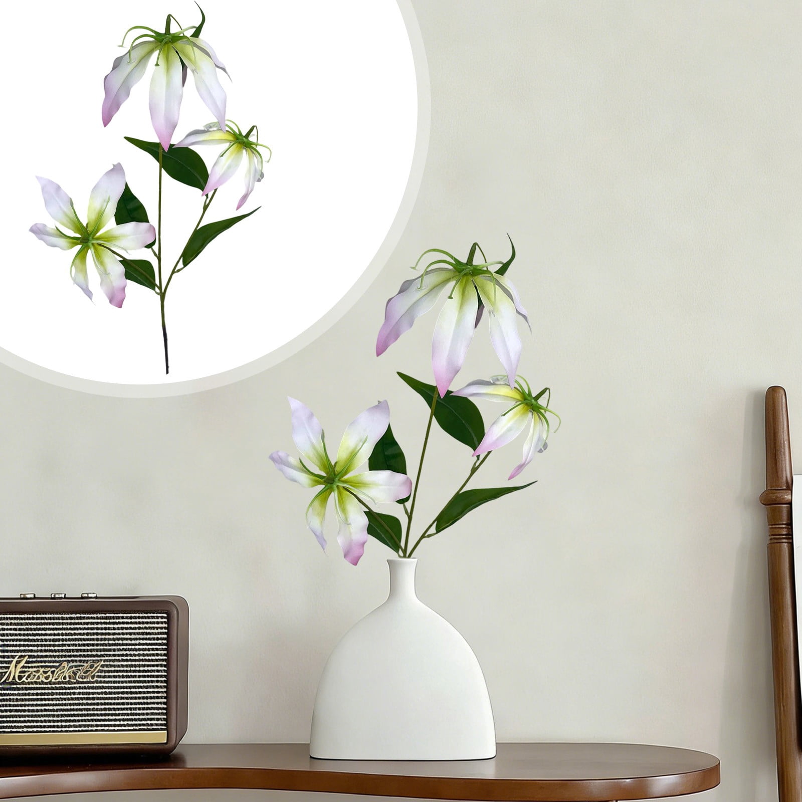 ERTZAE Realistic Fake Lilies,Gala Dinner Table Lilies,Artistic Lily Arrangements,Beach Wedding Floral,Mother Day Bouquet,White 3-Head Artificial Lily Stem 33In,Elegant Realistic Flower for Vase Decor