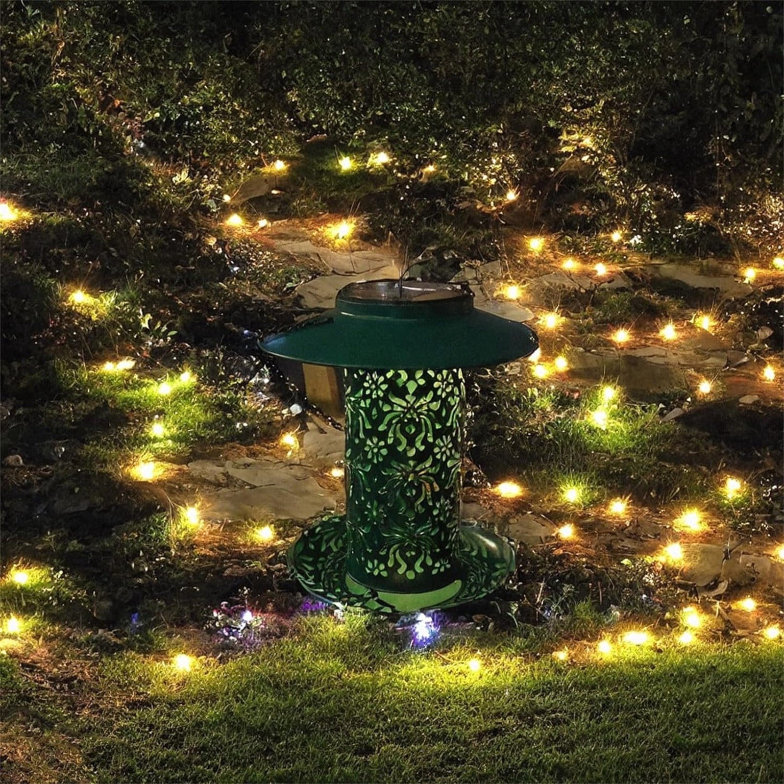 ERTZAE Solar-Powered Metal Hanging Bird Feeder,Vintage Vine Pattern Night Light Projection Outdoor Bird Feeder,Waterproof Metal Garden Bird Feeder,Automatic Decorative Bird Feeder Gift