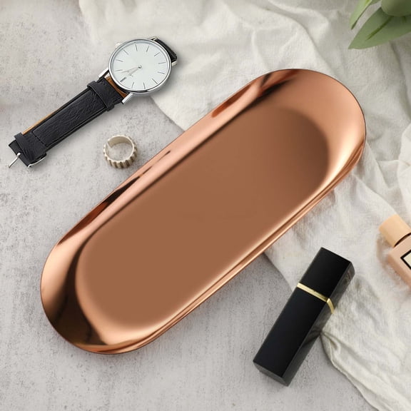 ERTZAE Trinket Storage Dish,Key Organizer Tray,Stylish Organizer Tray,Oval Stainless Steel Jewelry Tray,Rose Gold Small Serving Dish for Rings,Perfume,and Cosmetics,Vanity Organizer 9x3.7in Rose Gold