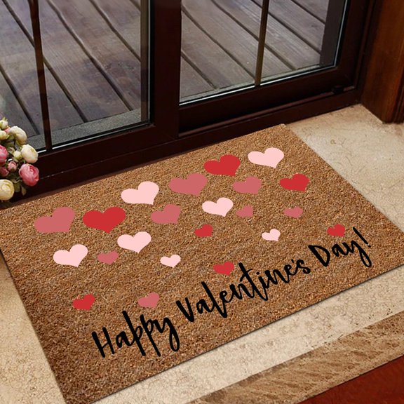 ERTZAE Valentine Natural Coir Doormat,15X23In Pastel Hearts & "Happy Valentine'S Day" Script Pattern Valentine'S Day Bathroom Floor Mat Indoor Outdoor,Romantic Heart Doormat,Non-Slip Entrance Rug