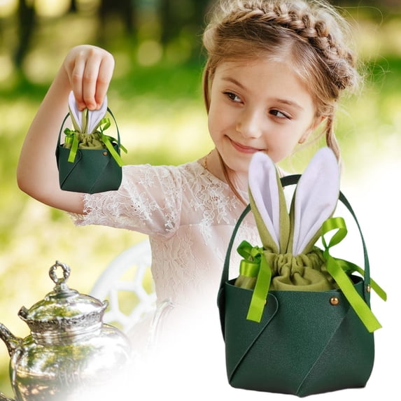 ERTZAE Velvet+Pu Drawstring Bags,Green Portable Easter Bunny Ear Handbag Candy Egg Gift Basket,Easter Bunny Ear Pouches,Drawstring Velvet Bags,Basket Stuffer Gift Bags,Personalized Easter Bunny Bag
