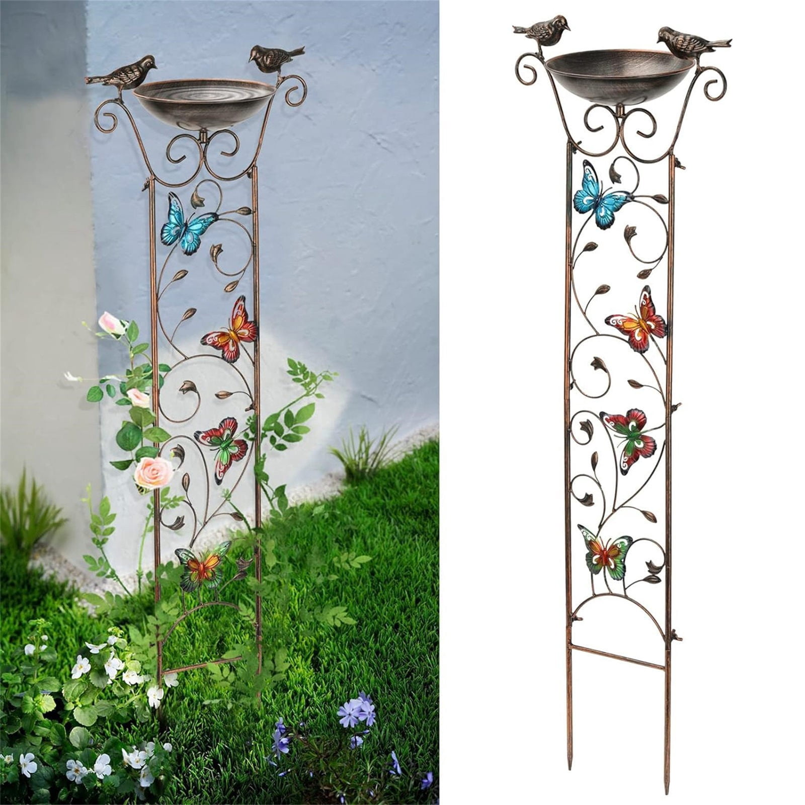 ERTZAE Wild Bird Bath Bowl Outdoor,Bird Bath Outside,Bird Feeder Stable Stake,Garden Decoration Bird Lovers,2-in-1 Bird Bath & Plant Stand 14.7x40.1in,Vintage Bowl,Freestanding for Climbing Plant