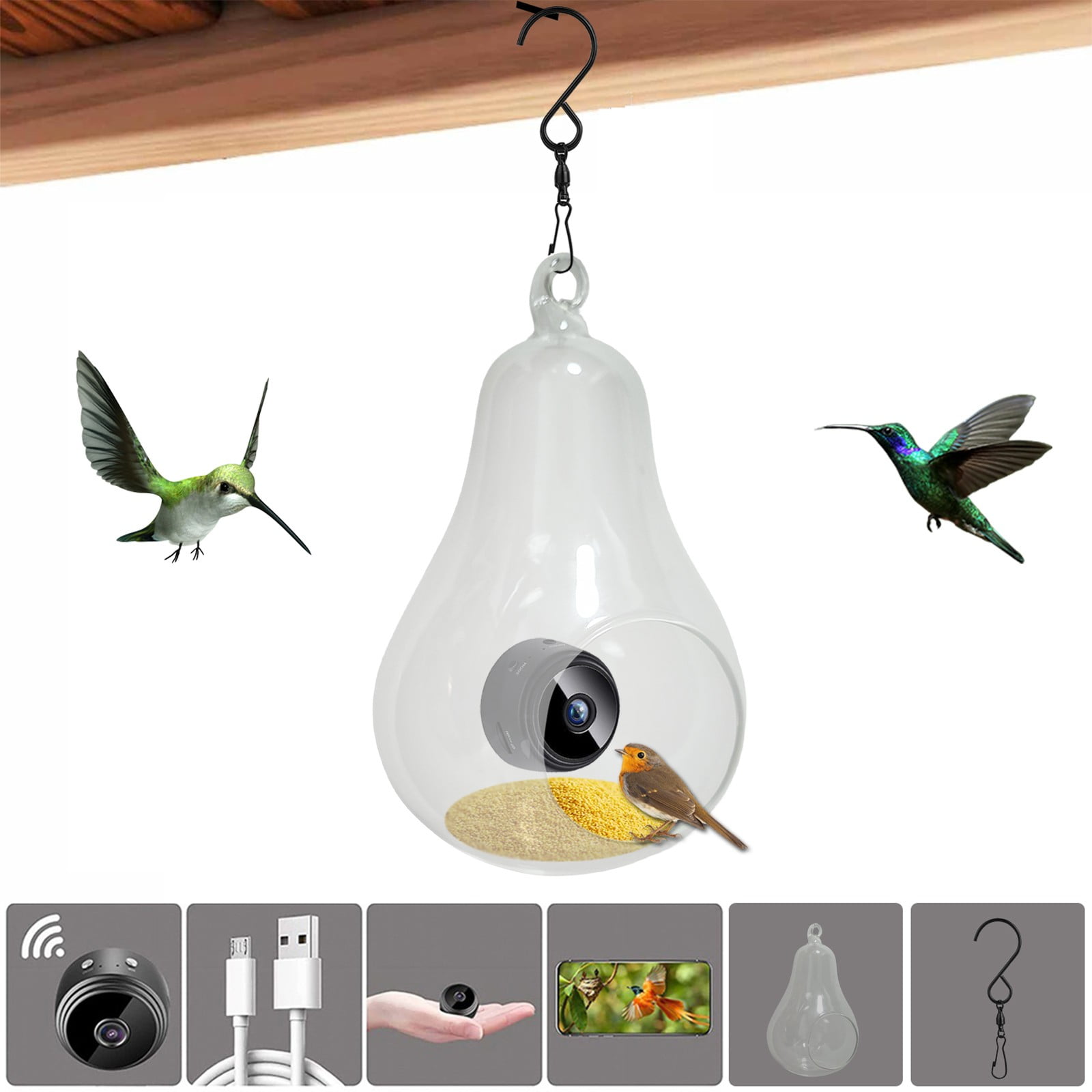 ERTZAE Window Bird Feeders With Camera,Clear Acrylic Wild Bird House,Easy Clean Birdhouse,Smart Outdoor Birdhouse Feeder,Smart Bird Feeder with Camera 3.9x9in,WiFi Real-Time,Outdoor Hanging Feeder