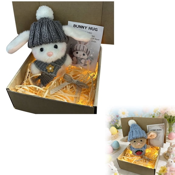 ERTZAE Bunny Hug Cute Easter Crochet Doll with LED Light,18cm Dark Gray,Inspirational Card Included,2026 Mini Bunny in a Box: Floppy Hugging Rabbit for Easter Basket Stuffers