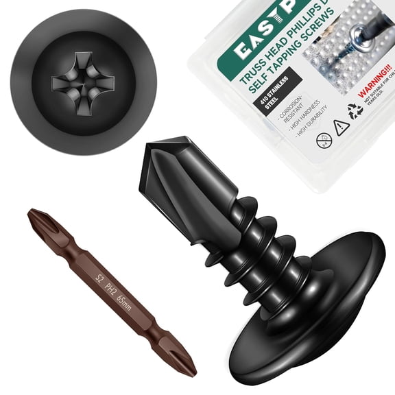 ERUCND-#10 x 1/2" Black Self Tapping Screws for Metal, Truss Head Phillips Drive 410 Stainless Steel Self Drilling Sheet Metal Screws with Drill Bit, Fast Tapping (Box of 200)
