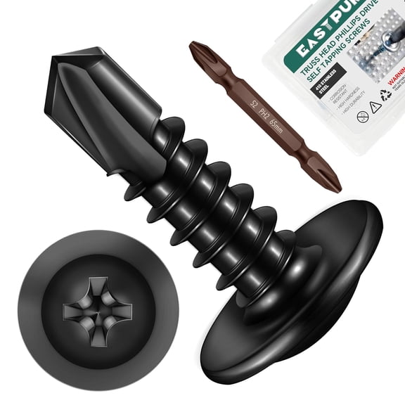 ERUCND-#10 x 3/4" Black Self Tapping Screws for Metal, Truss Head Phillips Drive 410 Stainless Steel Self Drilling Sheet Metal Screws with Drill Bit, Fast Tapping (Box of 100)