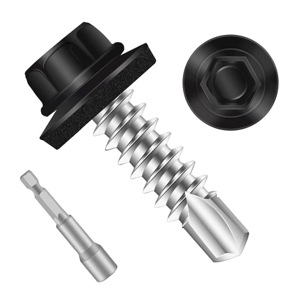 ERUCND-#10 x 3/4" Self Drilling Metal Roofing Screws, Black Hex Head Sheet Metal Roof Screws with EPDM Washer, Hex Socket Included, 100 PCS