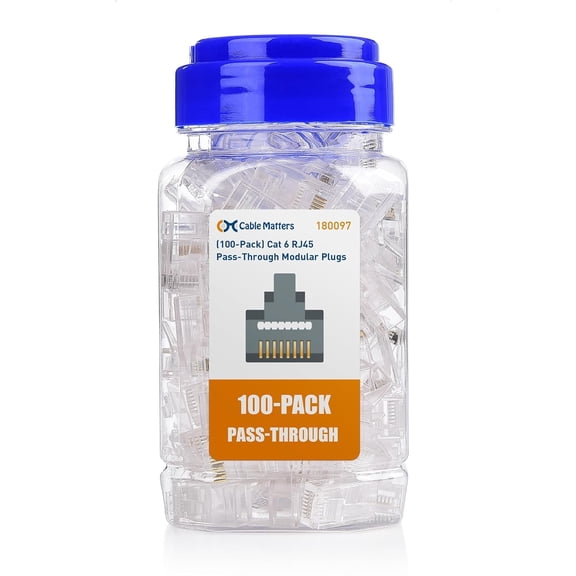 ERUCND-100-Pack Cat 6 Pass Through RJ45 Connectors, 50 Gold Plated (Cat 6 Ends / Cat6 Connector /RJ45 Modular Plugs/Ethernet Plugs/Network Connector) for Solid or Stranded UTP Ethernet Cable