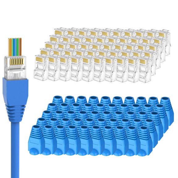 ERUCND-100-Pack Cat 6 Pass Through RJ45 Connectors with RJ45 Boots Cover, Simplify Terminations with Ethernet Ends/ Cat6 Ends/ RJ45 Connectors/Cat 6 Connectors/ RJ45 Plugs for Cat6 Cat5e Cables