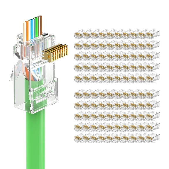 ERUCND-100 Pack RJ45 Pass Through Connector Cat6(UL Listed), 10Gbps, Gold-pated CAT6 CAT5e RJ45 connectors, UTP RJ45 Plugs for 23-26AWG Solid or Stranded Network Cables, Supports POE