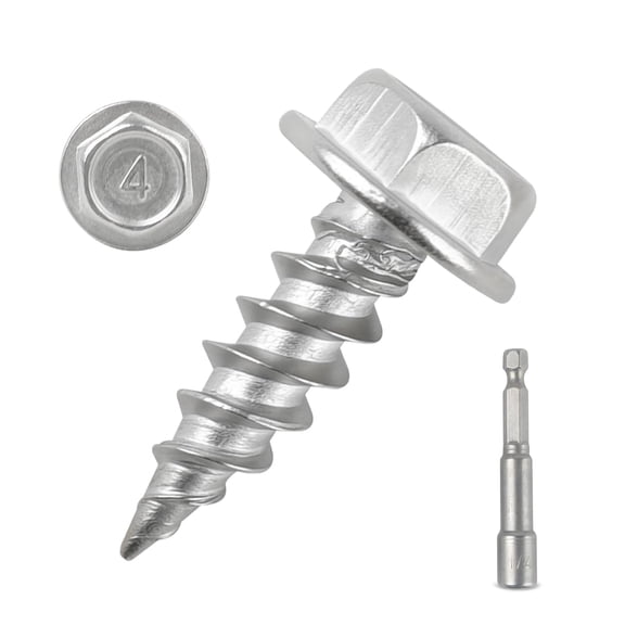 ERUCND-100 Pcs #8-1/2 Self-Tapping Gutter Screws, Stainless Steel Mill Finish Hex Washer Head Screws, Extra Sharp Tip with 1/4" Magnetic Hex Driver for Gutter