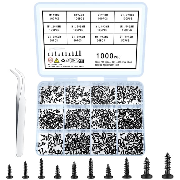 ERUCND-1000 Pcs Small Pan Head Screws Assortment Kit, Micro Tiny Electronic Self-Tapping Machine Screws for Glasses Watches Phone Electronic Repair