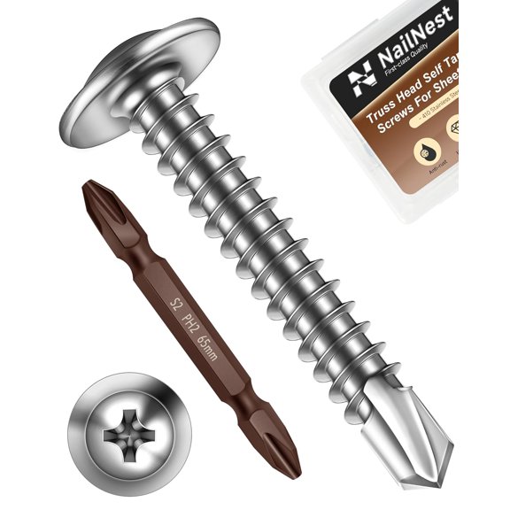 ERUCND-100PCS #10 x 1-1/4" Sheet Metal Screws, Self Tapping Screws for Metal, 410 Stainless Steel Modified Truss Head Fast Self-Drilling Metal Screw with Drill Bit