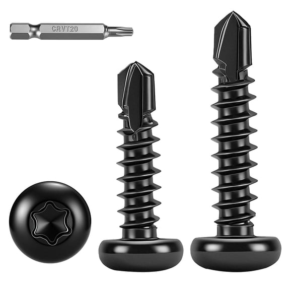 ERUCND-100Pcs Torx Drive High-Strength Quick Tapping Screws for Metal, Black #8 x 3/4" Pan Head Self Drilling Screws, 410 Stainless Steel Sheet Metal TEK Screws Assortment with 1 Pcs T20 Bits