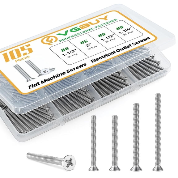 ERUCND-105Pcs Extra Long Outlet Screws Machine Electrical Screws Kit,#6-32#8-32 Phillips Flat Head 304 Stainless Steel for Wall Plate Switch/Outlets,Mounting Electrical Extender