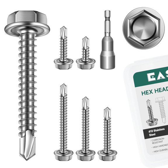 ERUCND-110Pcs #8 Self Tapping Screws for Metal, 410 Stainless Steel Hex Head Sheet Metal Screws, 1/2" 3/4" 1" 1-1/4" 1-1/2" Self Drilling Screw with Drill Bit