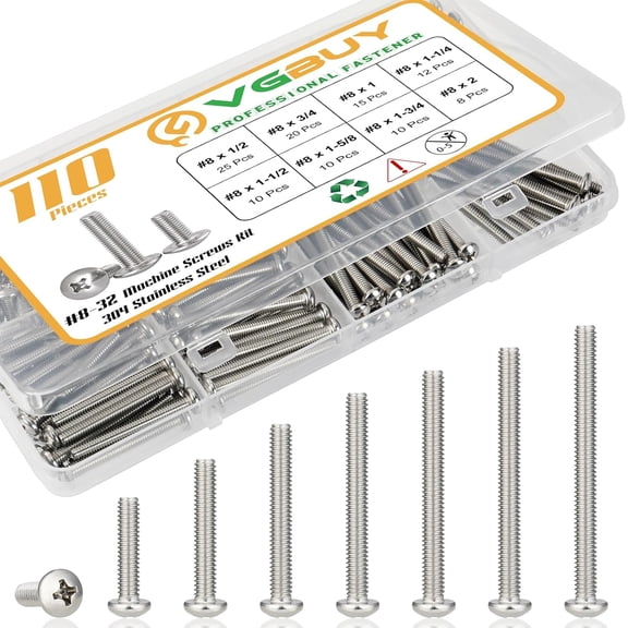 ERUCND-110Pcs Machine Screws Assortment kit,Assorted 1/2 to 2 inch Long # 8-32 Machine Screw,304 Stainless Steel Phillips Pan Head Screws Bolts for Electrical Wall Socket,Household Repairs