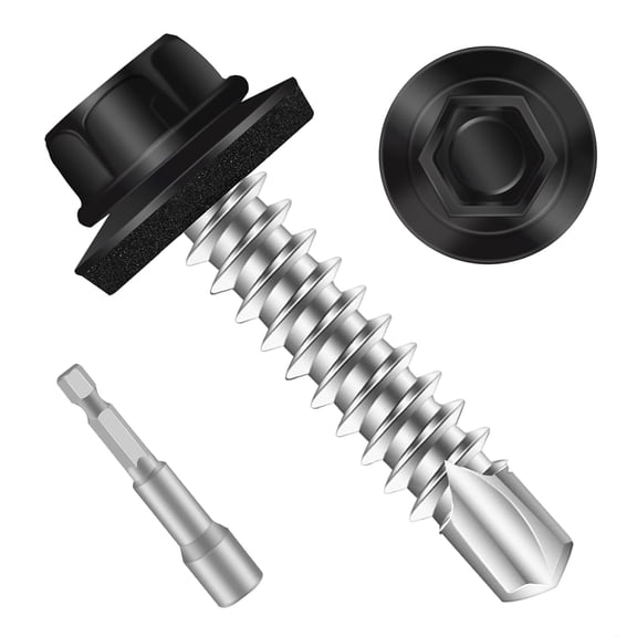 ERUCND-#12 x 1-1/4" Self Drilling Metal Roofing Screws, Black Hex Head Sheet Metal Roof Screws with EPDM Washer, Hex Socket Included, 50 PCS