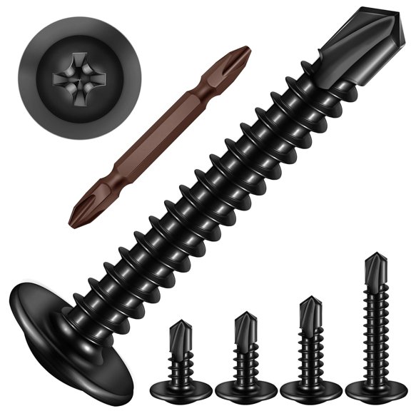 ERUCND-155Pcs #10 Self Tapping Screws for Metal, Black 410 Stainless Steel Truss Head Sheet Metal Screws, Self Drilling Screw, 7-Size Fast Tapping with Drill Bit