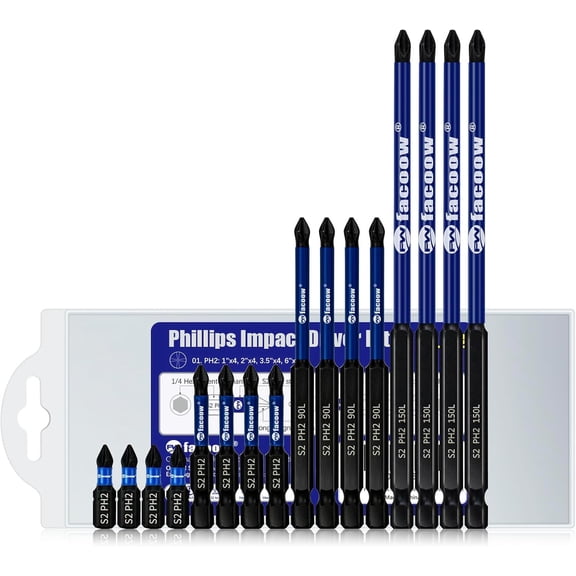 ERUCND-16 Pack Phillips Impact Driver Bits, #2 Phillips Head Magnetic Screwdriver Bits Set, 1" - 6" S2 Alloy Steel Impact Bits, 1/4" Hex Shank Screwdriver Drill Bit, CNC Machined ph2 Impact Drill Bit