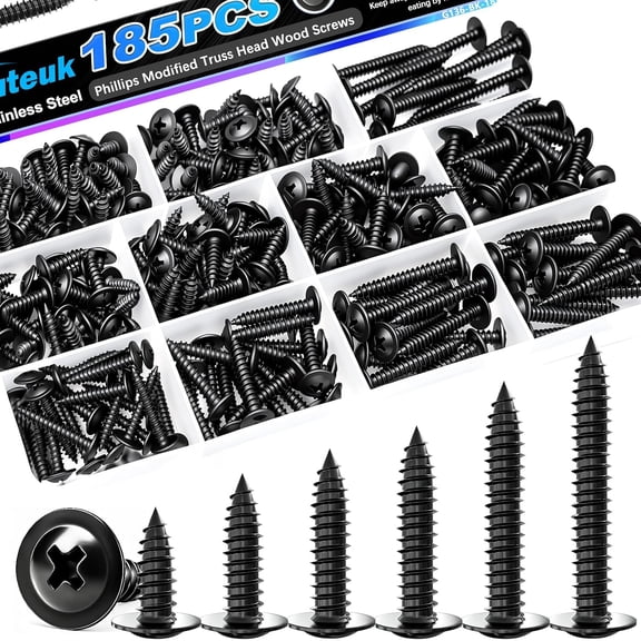 ERUCND-185PCS #8 Black Wood Screws,Phillips Modified Truss Head Black Screws for Wood,410 Stainless Steel Quick Metal Self Tapping Screw for DIY Projects Home Repairs,6 Sizes 1/2" to 1-2"
