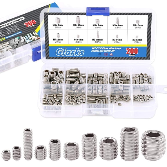 ERUCND-200-Piece M3 4 5 6 8 Hex Allen Head Socket Set Screw Assortment Kit (304 Stainless Steel)