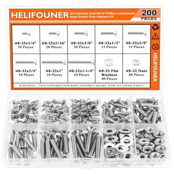ERUCND-200 Pieces #8-32 Phillips Countersunk Head Machine Screws Nuts Washers Assortment Kit, Coarse Thread, Fully Machine Threaded, 304 Stainless Steel