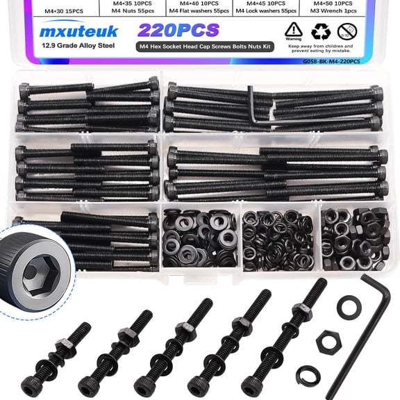 ERUCND-220PCS M4 Screws Assortment Set,M4 x 30/35/40/45/50mm Hex Socket Head Cap Screws Bolts Nuts Kit,12.9 Grade Alloy Steel M4 Bolts with Hex Wrench
