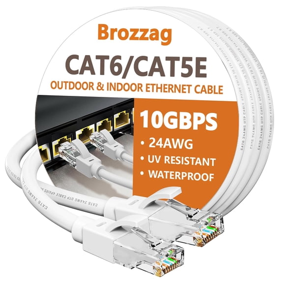 ERUCND-25 Ft Ethernet Cable for Cat5E/Cat6, 10Gbps 24AWG Cat6 Network Cable, Direct Burial Cable, UTP, LLDPE, RJ45 Patch LAN Cord, Waterproof, Indoor&Outdoor, Cat 5E Internet Cable in White for PC