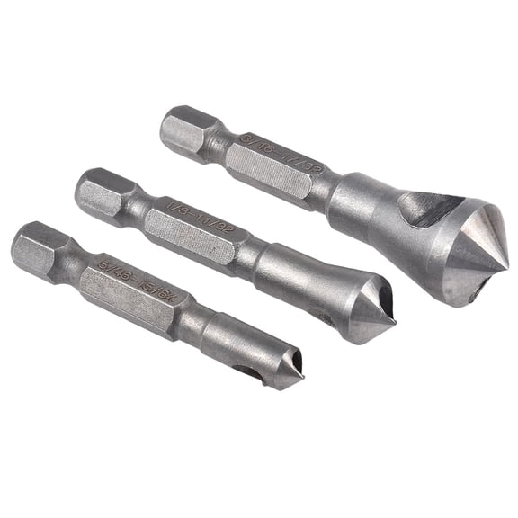 ERUCND-3 Pcs Countersink Chamfer Drill Bits - 5/64", 1/8", 3/16", High Speed Steel 1/4" Hex Shank Deburring Tool Set for Wood, Metal, Fiberboard, Plywood, Plastic, PVC