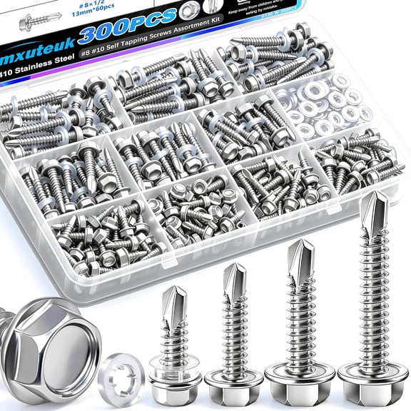 ERUCND-300PCS #8#10 Self Tapping Screws for Metal,410 Stainless Steel Self Drilling Screws,1/2",3/4",1",1-1/2" Hex Washer Head Sheet Metal Screws Suitable for Metal, Wood with 150PCS Washers