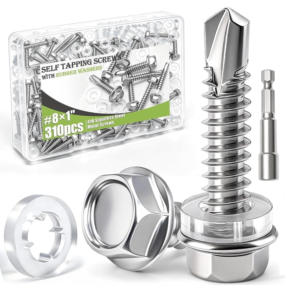 ERUCND-310PCS #81" Self Tapping Screws,410 Stainless Steel Self Drilling Screws for Metal,Hex Washer Head Self Tapping Screw for Metal,Plastic,Wood(155pcs Silver Screw+155pcs Washer)