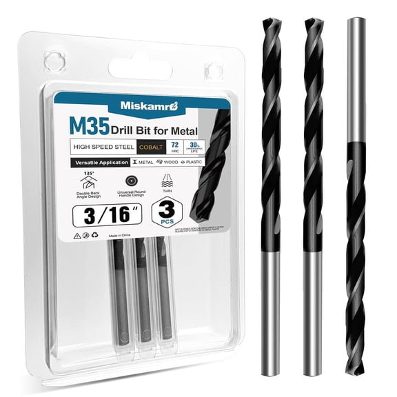 ERUCND-3Pcs 3/16 Inch Drill Bit Set- Industrial M35 Cobalt Titanium Aluminum Nitrite, 135 Degree Split Point, 3-1/2" Total Length with 2-5/16" Working Length - for General Metal, Steel & Aluminum