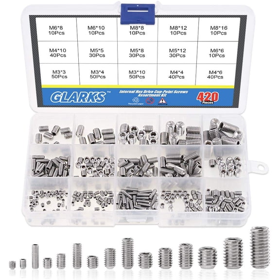 ERUCND-420Pcs M3/M4/M5/M6/M8 Allen Head Socket Set Screw, 304 Stainless Steel Internal Hex Drive Grub Screw Assortment Kit