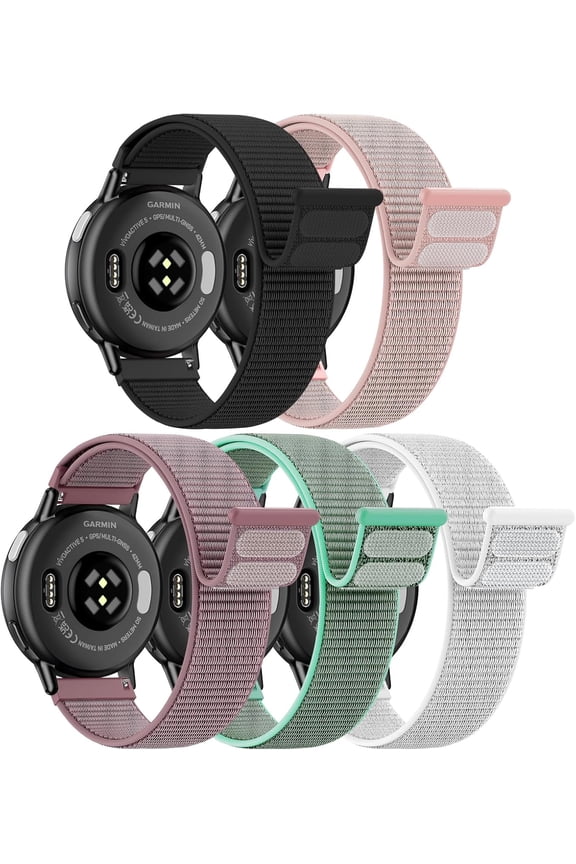 -5 Pack Nylon Loop Sport Band Compatible with Garmin Vivoactive 6/5/3/Venu 2 Plus/Forerunner 165/55/245/645,20mm Breathable Soft Band Adjustable Watch Straps for Garmin Venu/Sq/Sq 2/Vivomove HR