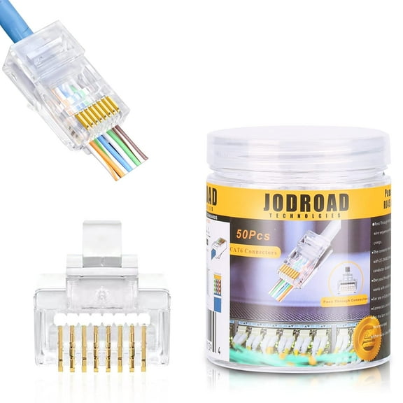 ERUCND-50-Pack Cat6 RJ45 Pass Through Connectors - Ethernet Cable Crimp Ends for Solid Wire and Standard Cable, UTP Network Plug