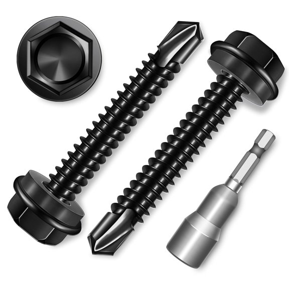 ERUCND-50Pcs #12 x 1-1/2" Sheet Metal Screws, 410 Stainless Steel Self Drilling Hex Head Black Self Tapping Screws for Metal with Drill Bit