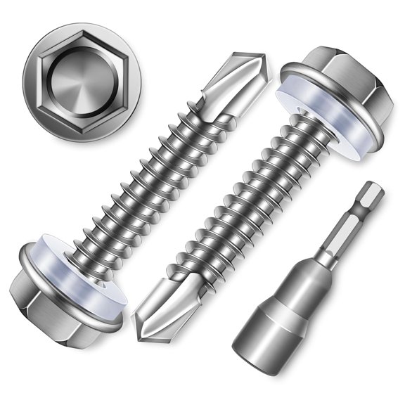 ERUCND-50Pcs #12 x 1-1/4" Sheet Metal Screws, 410 Stainless Steel Self Drilling Hex Washer Head Self Tapping Screws for Metal with Drill Bit