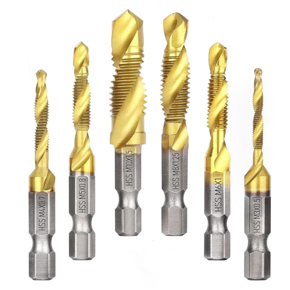 ERUCND-6 Pcs Drill Tap Set,Titanium Plated Combination Taps Drill Bit Set, M3 M4 M5 M6 M8 M10 Hex Shank HSS Screw Thread,Metric Compound Tap Drill Bits,Soft Metal Drilling Deburring & Countersinking