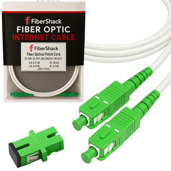 ERUCND-- 6 ft / 2M SC/APC to SC/APC Fiber Optic Patch Cable - White - FTTH Home Fiber Internet Cable Singlemode Simplex - Includes Coupler