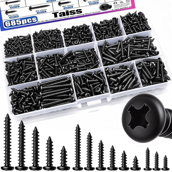 ERUCND-685PCS M2 M3 M4 Phillips Pan Head Self Tapping Wood Screws Assortment Kit,14 Sizes Self Tapping Screws for Plastic,Cross Recessed Carbon Steel Black Screws for Wood,Soft Metal,Plastic