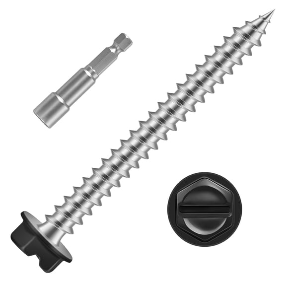 ERUCND-#8 x 1-1/2" Self Tapping Gutter Screws, Black Painted Hex Washer Head Self Piercing Screws, Zinc Plated Finish, Includes Magnetic Hex Driver, 50 PCS