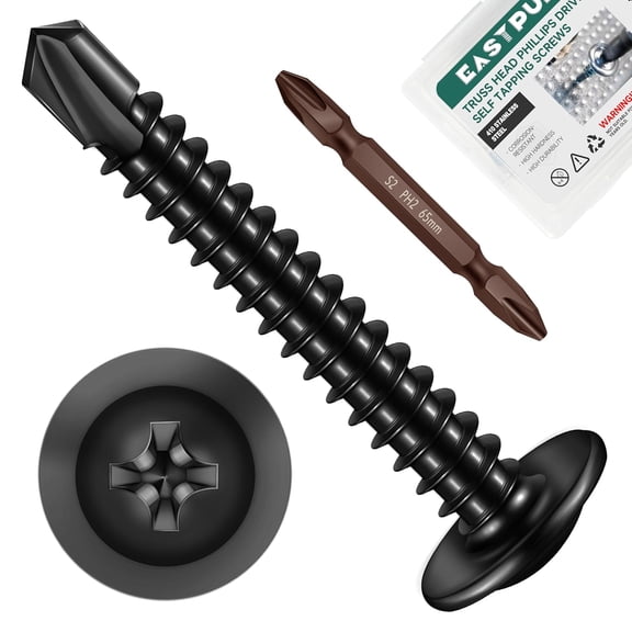 ERUCND-#8 x 1-1/4" Black Self Tapping Screws for Metal, Truss Head Phillips Drive 410 Stainless Steel Self Drilling Sheet Metal Screws with Drill Bit, Fast Tapping (Box of 200)